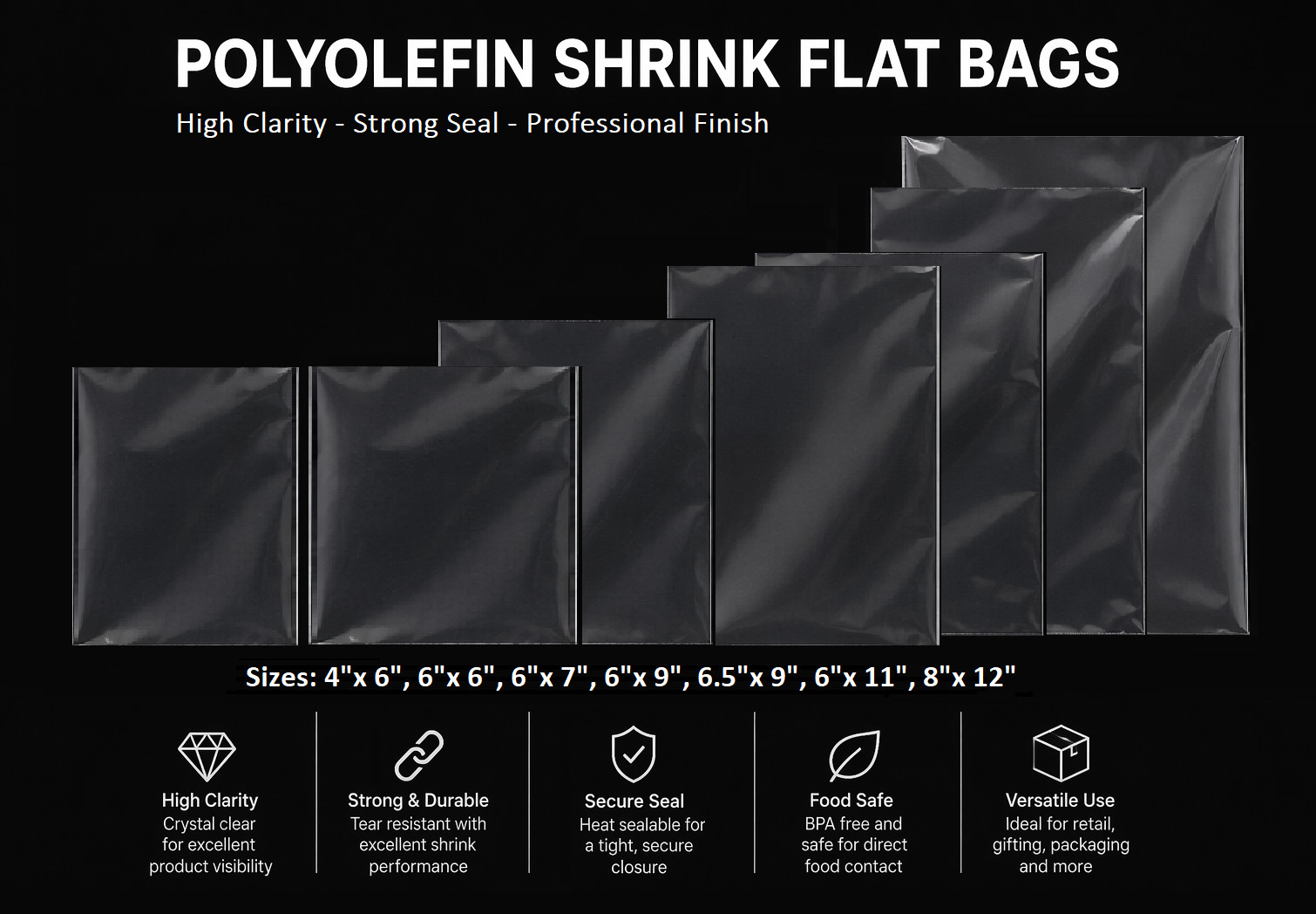 250 to 9000 pcs 4×6″ to 12×16″ Various Sizes POF Heat Shrink Wrap Film Flat Bags