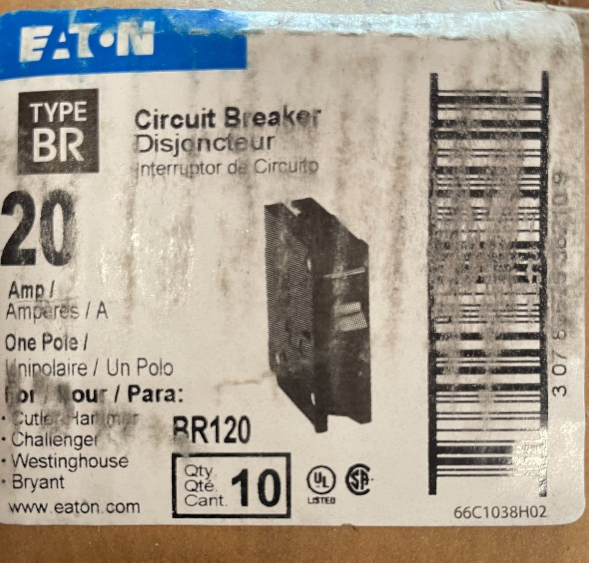 10 NEW – Eaton BR120 20 Amp 120/240 VAC 1 Pole Type BR Plug- On Circuit Breaker