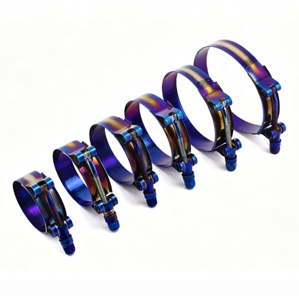 4× Adjustable Titanium Blue Stainless Steel T-Bolt Clamp Universal 45mm – 98mm