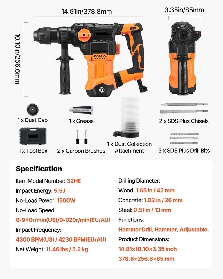Rotary Hammer Drill Corded Drills 1-1/4″ 4 Modes SDS-Plus Chipping Hammers