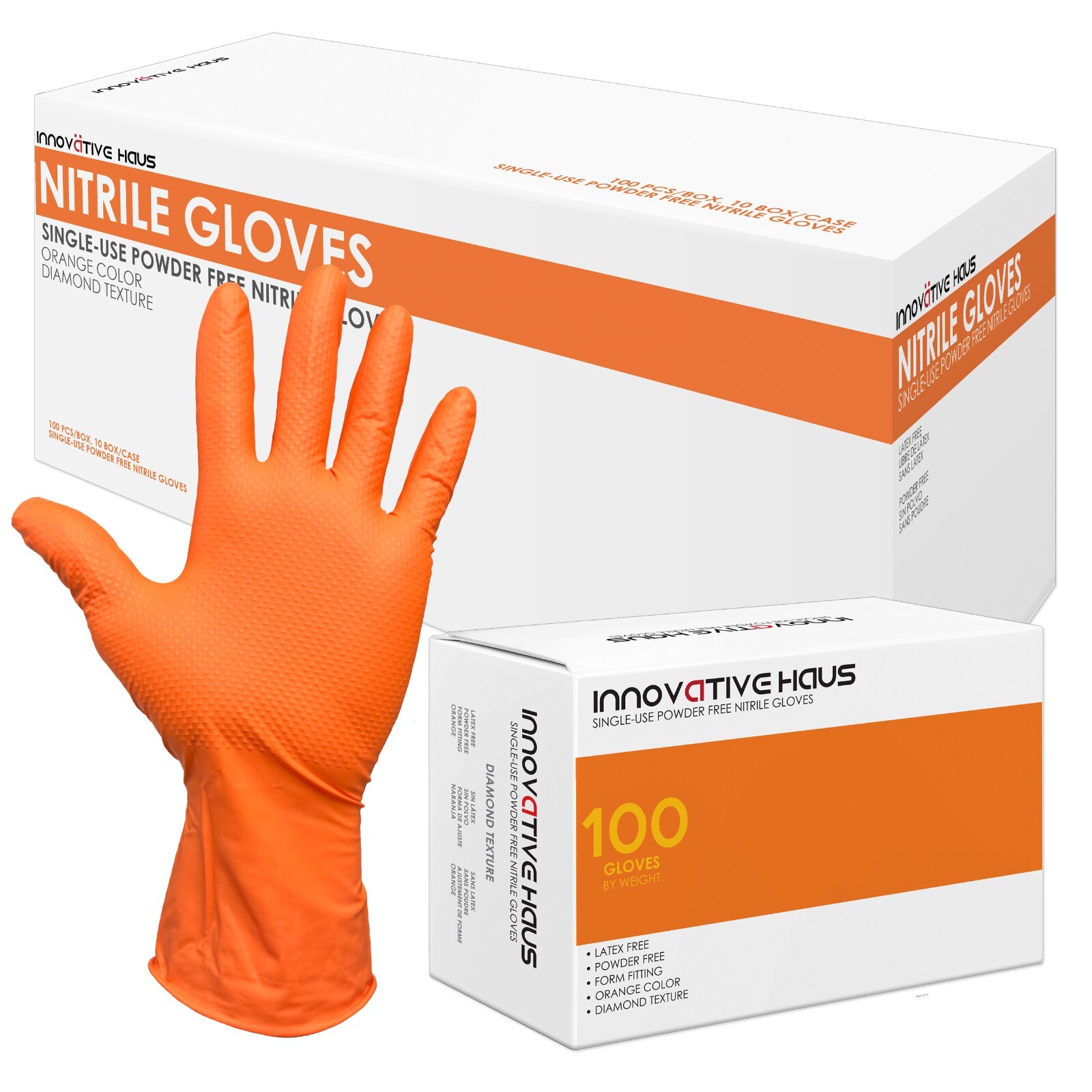 8 Mil Orange Disposable Nitrile Gloves. Raised Diamond Texture – Large- 10 Boxes