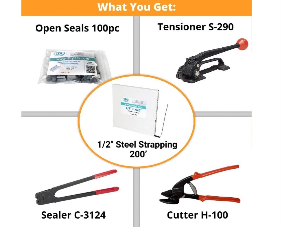 IDL Packaging Portable 1/2″ x 200′ Steel Strapping Kit, 1100 lbs Break Strength