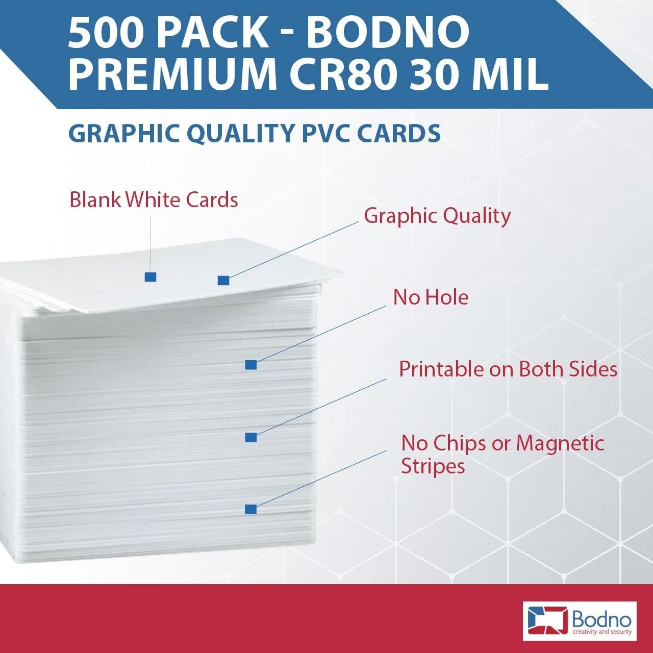 500 Pack Bodno Premium CR80 30 Mil Graphic Quality PVC Cards