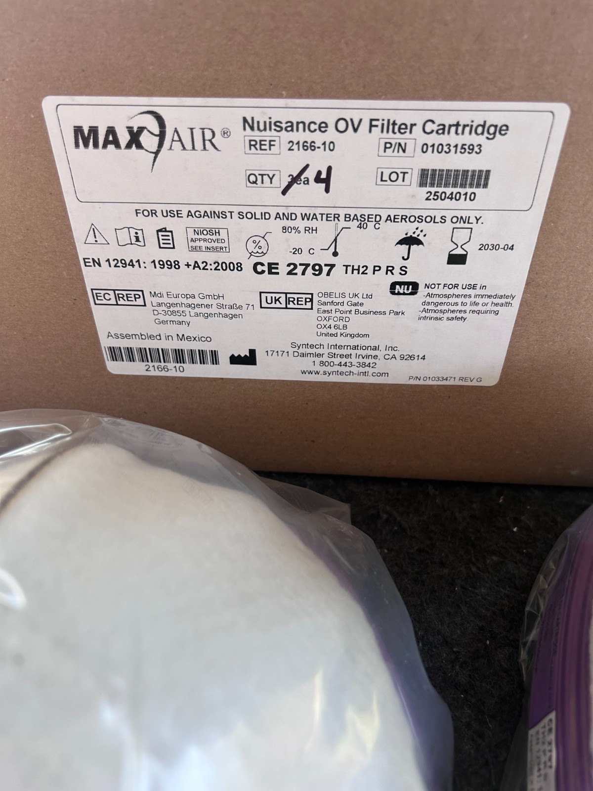4 MaxAir CAPR Helmet 01031593 XP Nuisance N-OV Filter NIOSH Cartridge 2166-10