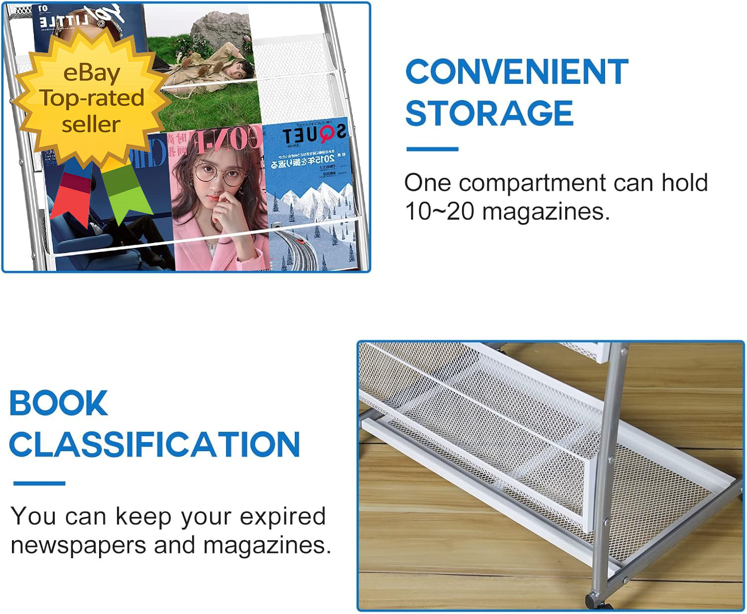 Magazine Rack Floor Standing,Brochure Display Stand 4 Pockets Metal Literature