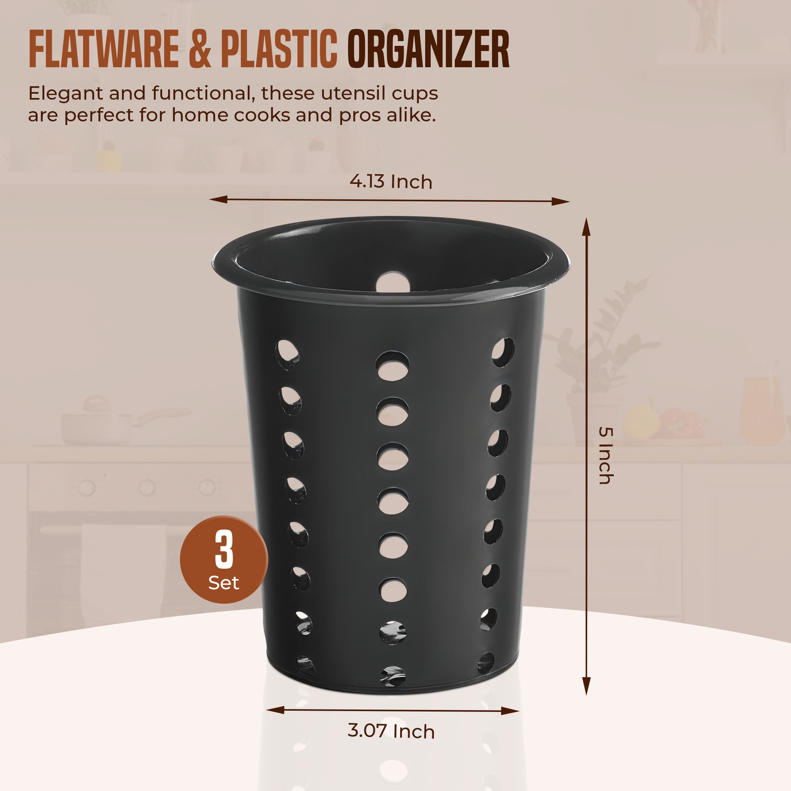 OCS Parts 3-Pack Black Plastic Perforated Silver and Utensil Drying Cups