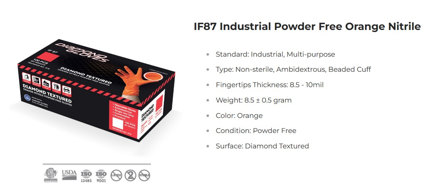 Heavy Duty Orange Nitrile Diamond Textured Gloves 8 Mil Powder-Free Case of 1000