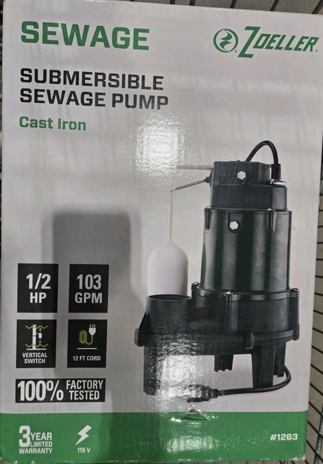 Zoeller 1/2 HP 103 gpm Cast Iron #1263 Submersible Sewage Pump 115 V New