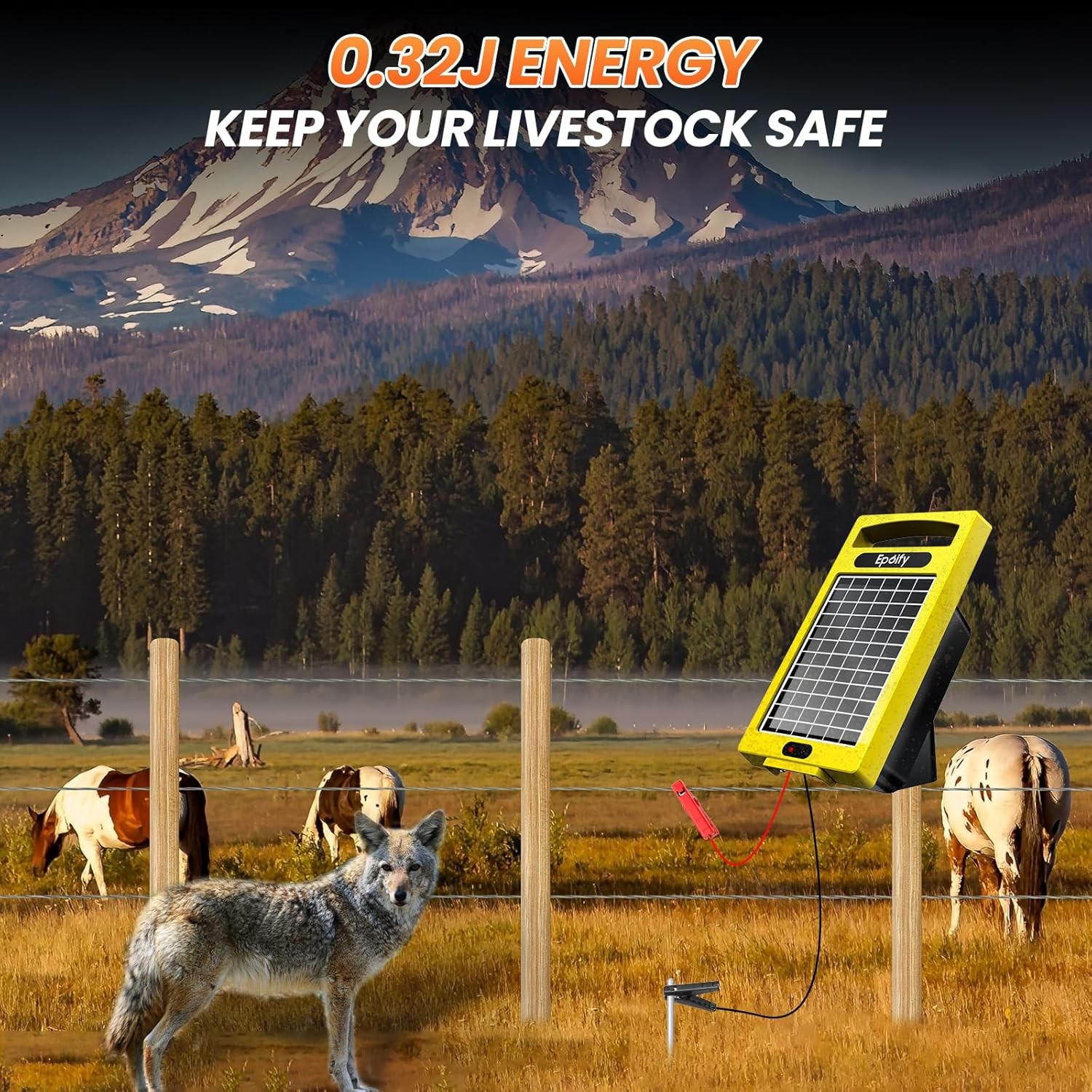 Electric Fence Charger Solar Powered 20 Miles 0.32J Livestock Energizer 24 Hour