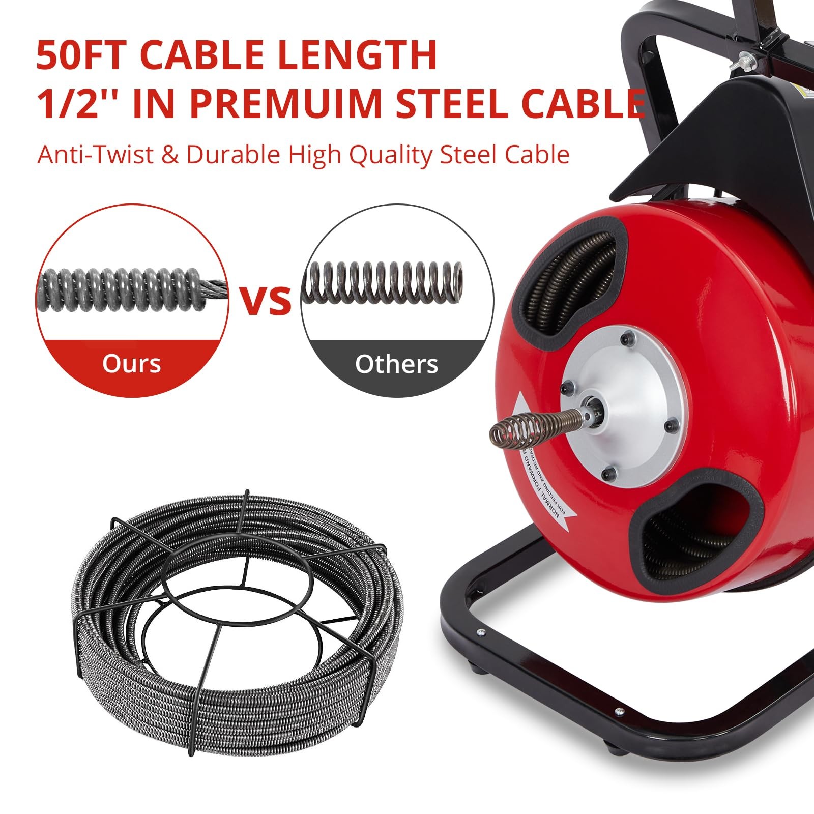 Drain Cleaner Machine 50FT x 1/2 Inch Electric Drain Auger for 1 to 4 Inch Pipe