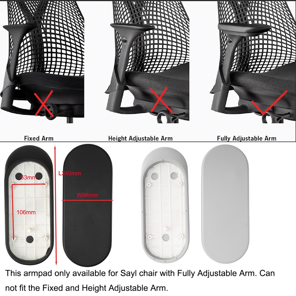 Arms Pads Caps Replacement For Herman Miller Sayl Chair 4D Arm Black/ Gray Color