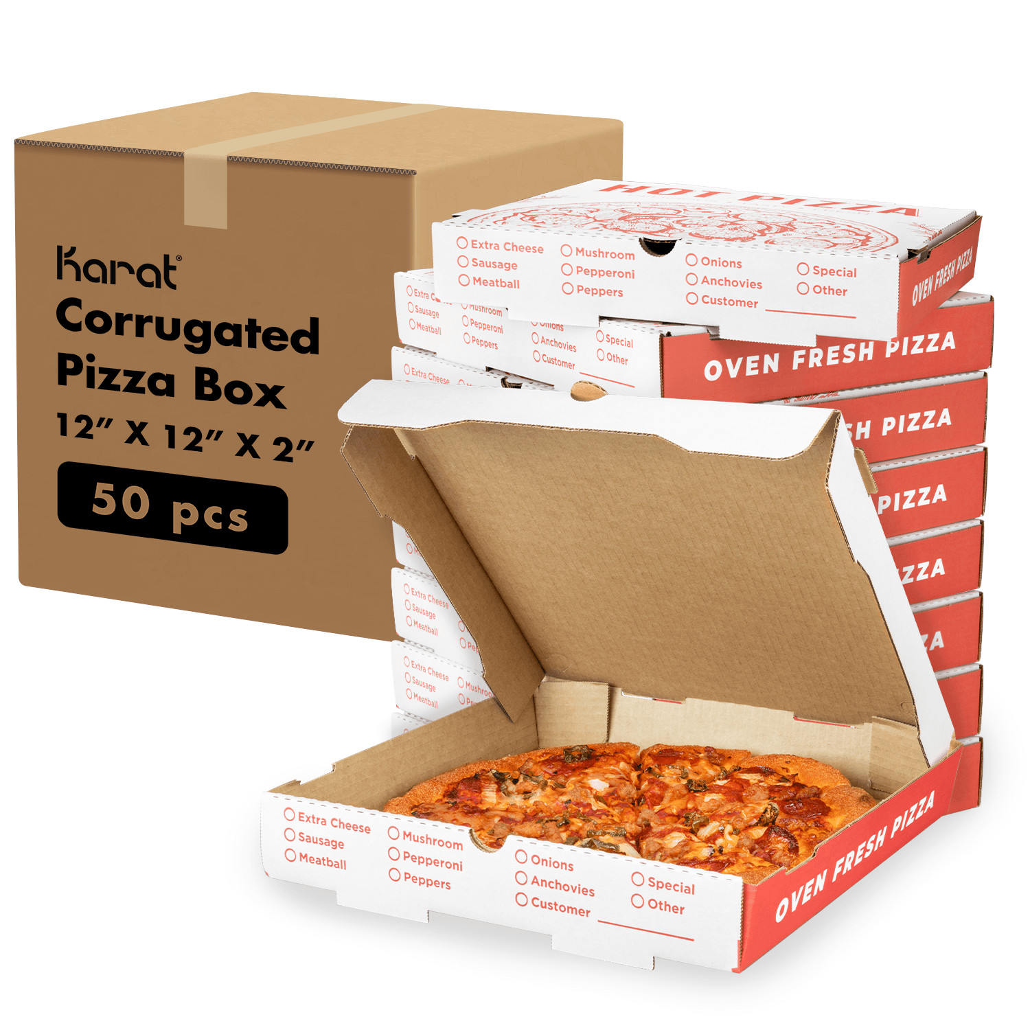 Karat Corrugated Pizza Box, 12”x12”x2”, Generic Print – 50 pcs, FP-PBF12WG