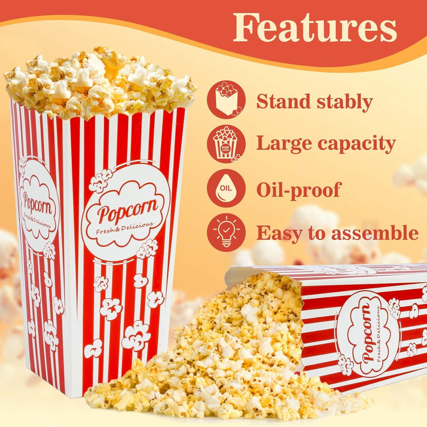 18 Pack Popcorn Boxes Disposable 46oz Red White Striped Cardboard Snack Holder