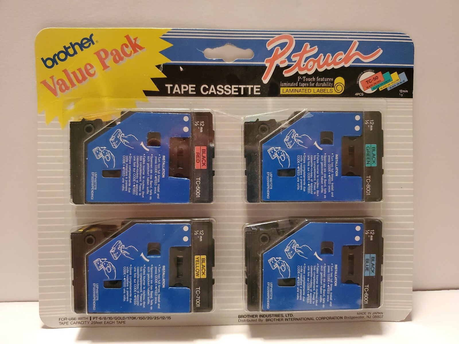4 pack P Touch TC-50 Tape Black on Red or Yellow or Blue or Green 1/2″ x 25′ NEW