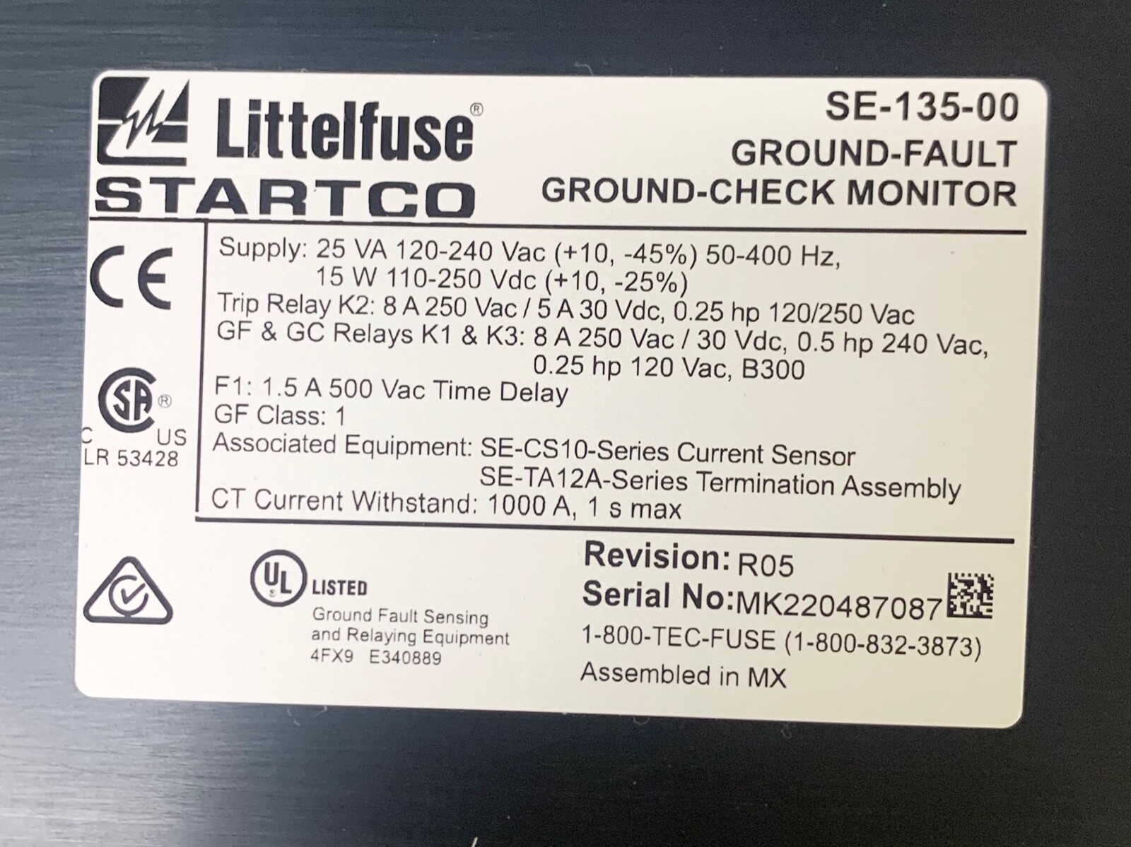 Littlefuse STARCO SE 135 00 Ground Fault Ground Check Monitor SE-135-00