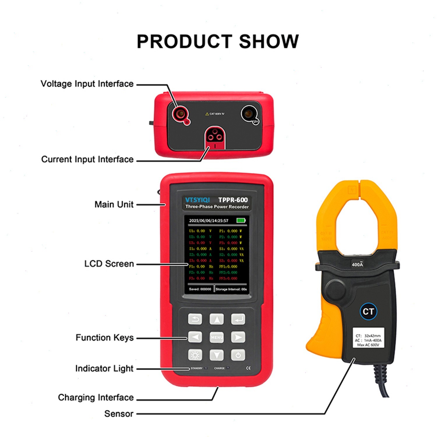 3-Phase Power Recorder with Voltage Range 0.01V~ 600V Current Range 1mA~ 400A