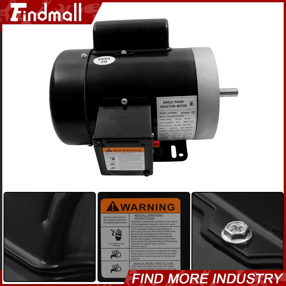 3/4 HP Electric Motor Single Phase 1725rpm 5/8» shaft 115V/230V 56C Frame
