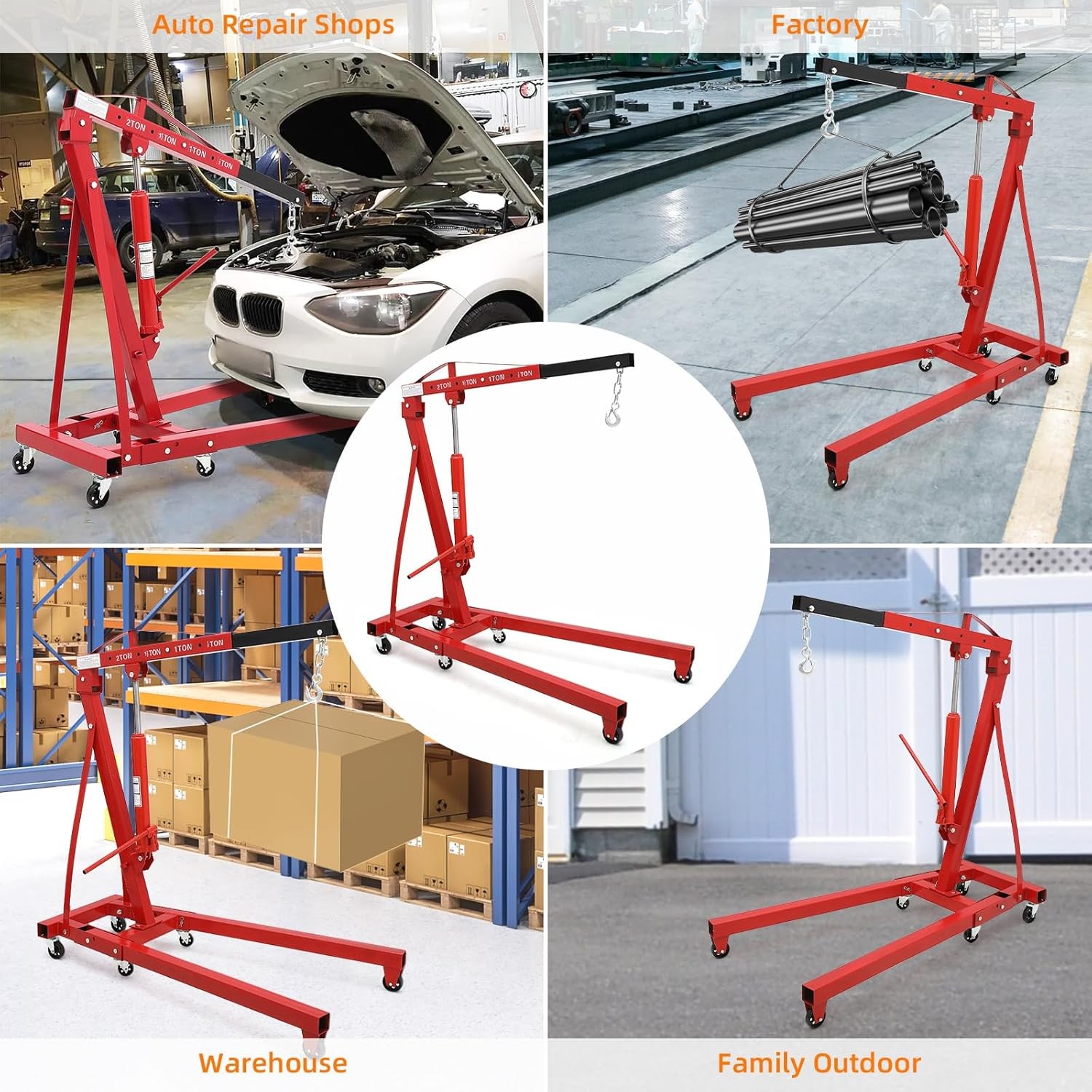 Garvee 2Ton Engine Hoist Hydraulic Cherry Picker Heavy Duty Folding 4400lbs Red