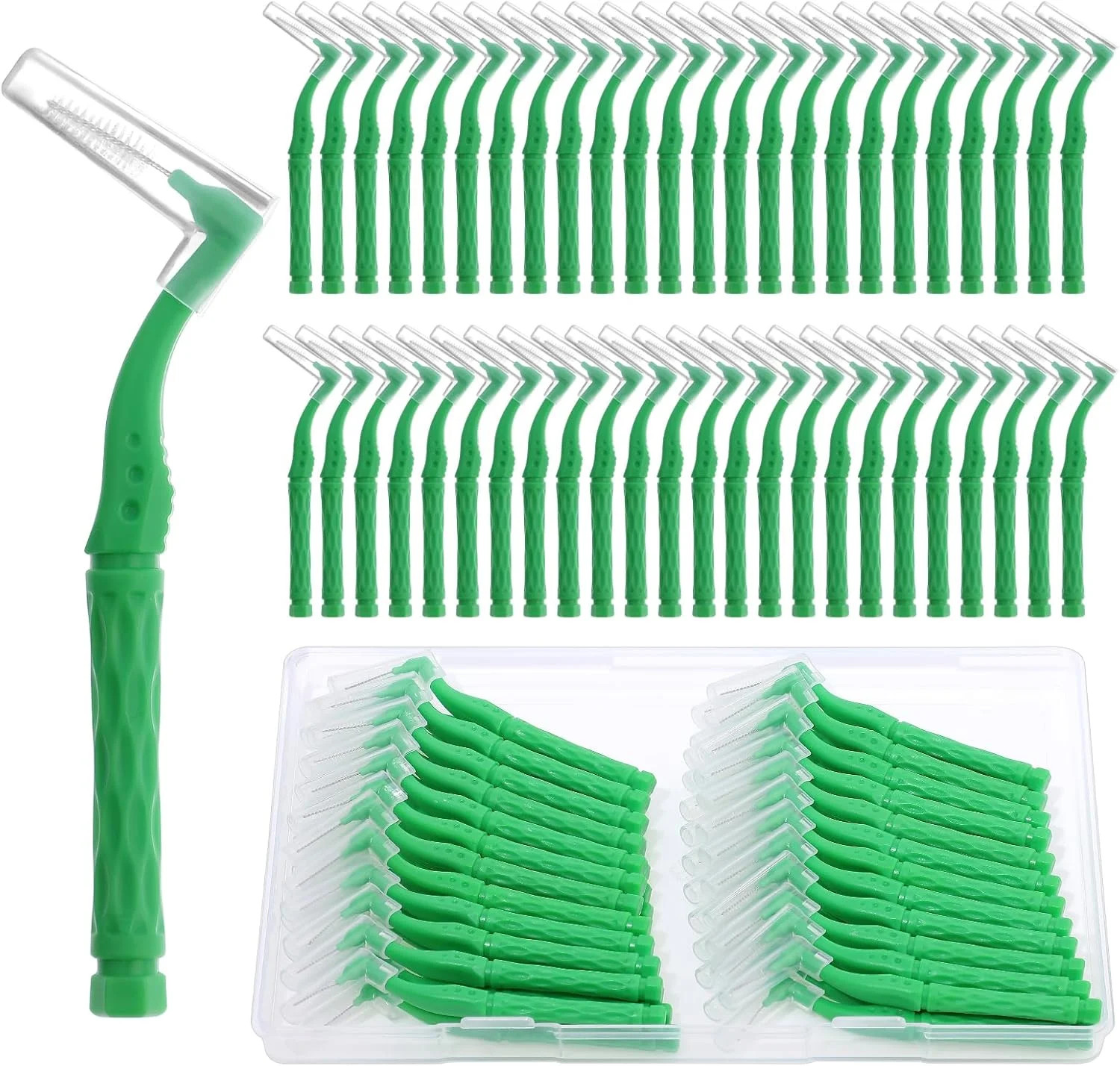 50pcs Interdental Brushes, Green Soft Dental Brushes with Non-Slip Handle Angled