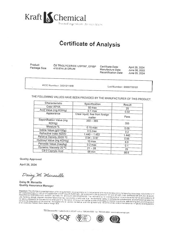MCT Oil – C8, USP/NF (EP/BP) FCC KOSHER -100ml Vial