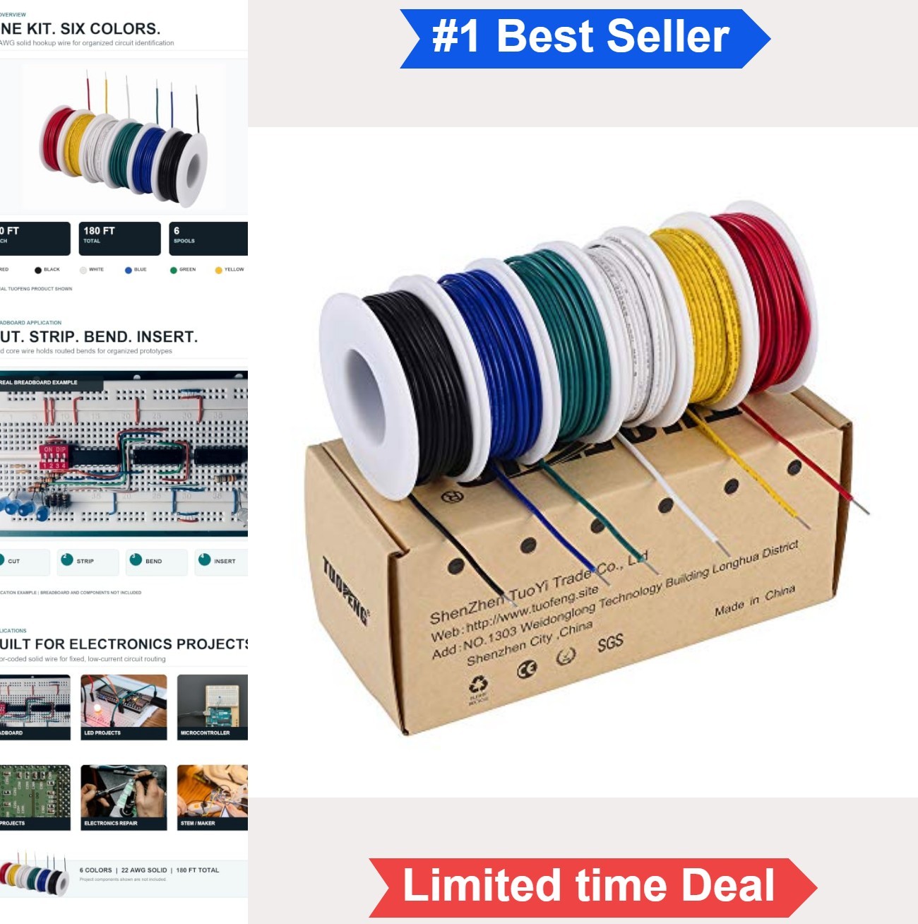 22 AWG Solid Wire Kit 180 Feet 6 Colors Tinned Copper for Breadboard PCB