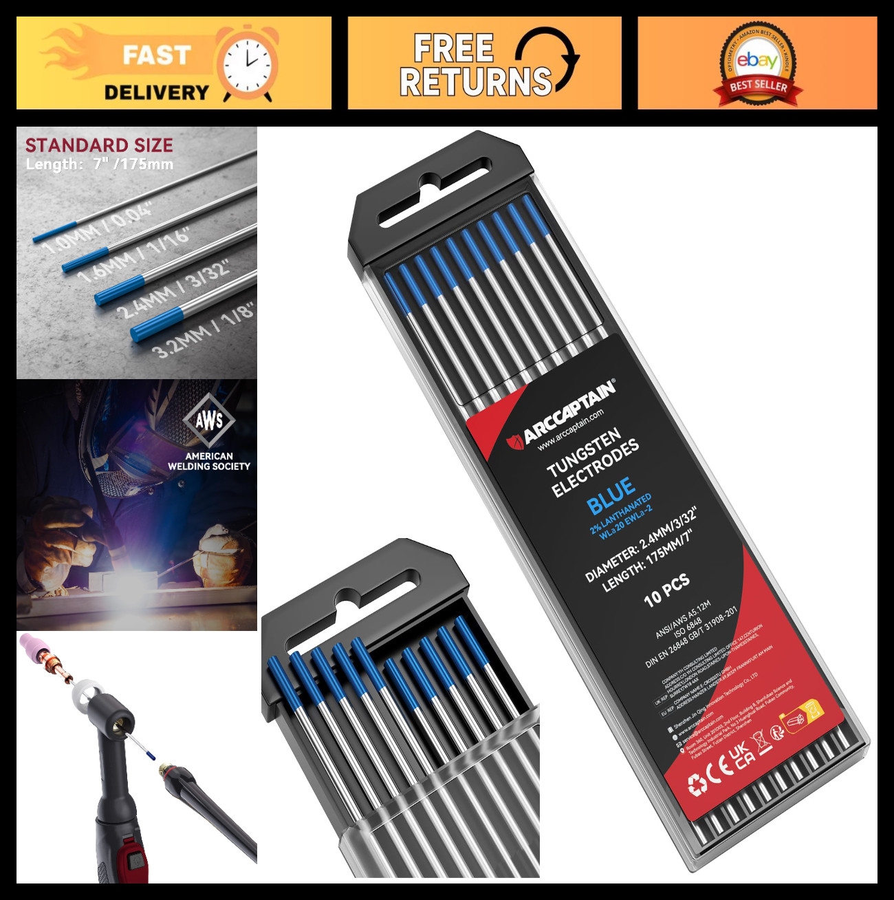 TIG Welding Tungsten Electrodes 2% Lanthanated Blue 10-Pack 3/32″ x 7″ – High Pe