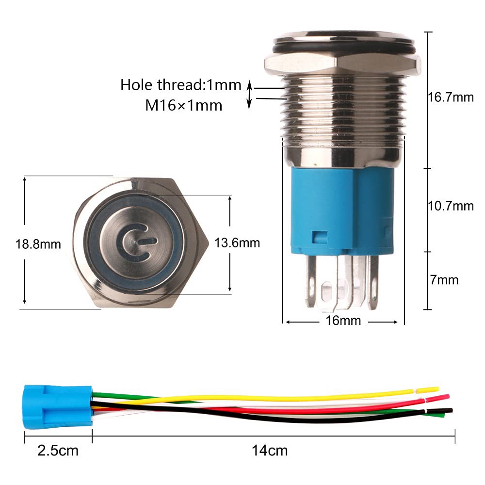 16mm 12V LED ON OFF Waterproof Stainless Steel Latching Push Button Power Switch