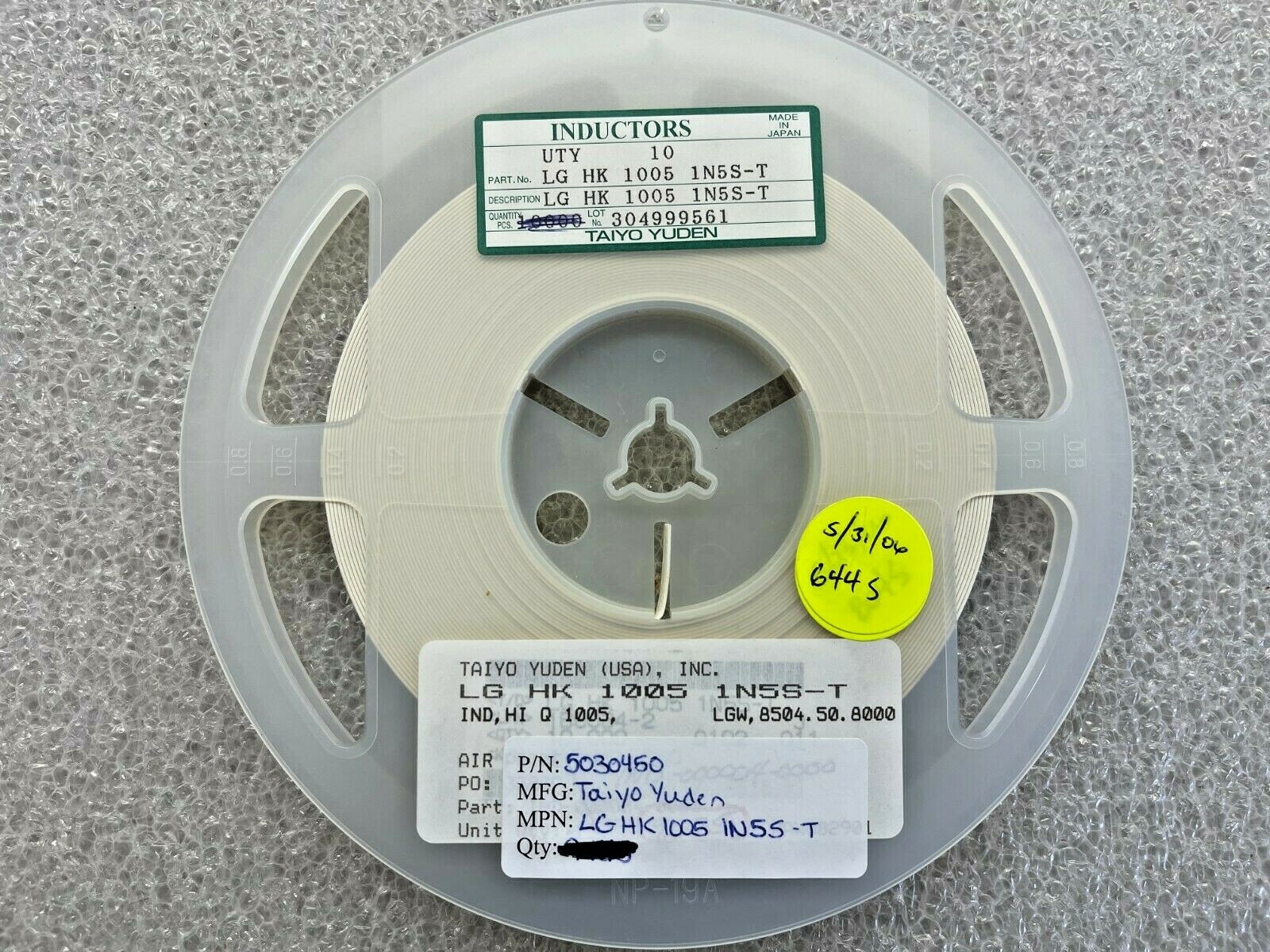(6,445 PIECE REEL) HK10051N5S-T, TAIYO YUDEN, FIXED IND 1.5NH 850MA 100MOHM SM