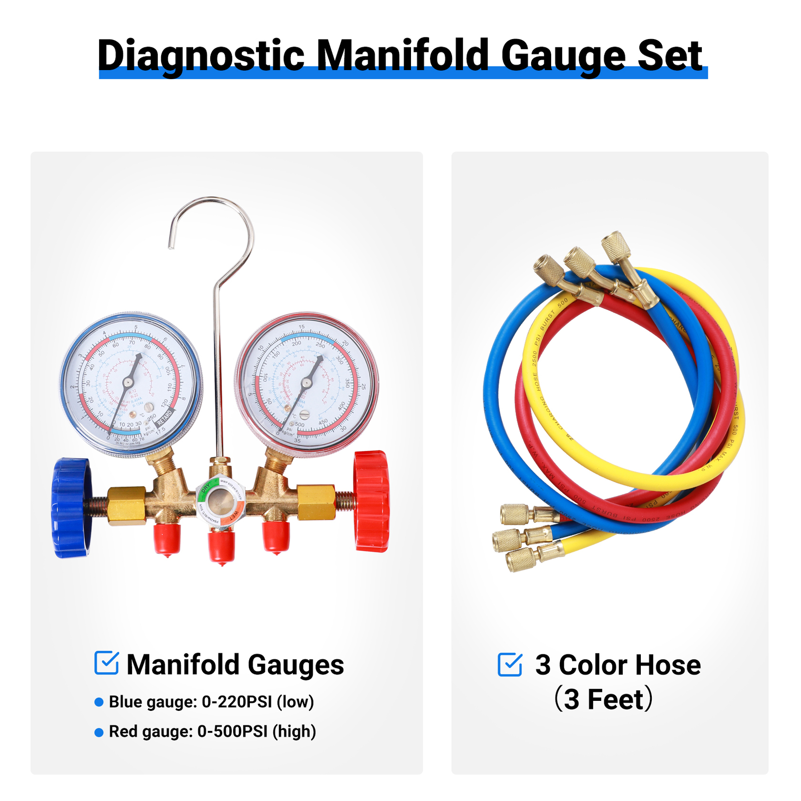 HVAC A/C Car Air Conditioning Refrigerant Recharge Measuring Hose Gas Gauge Kit