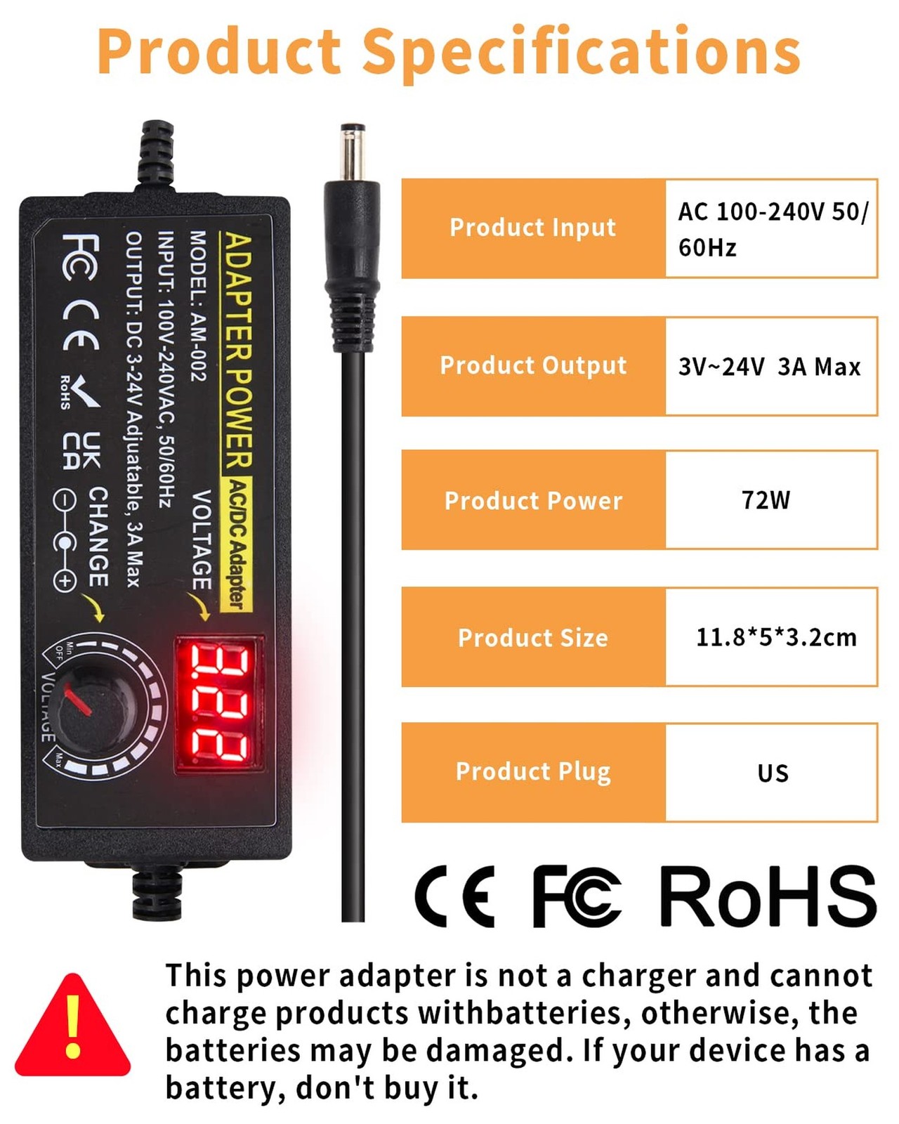 3V ~ 24V 3A 72W Power Supply Adjustable 3V 5V 6V 9V 12V 15V 16V 18V 19V 20V 2…