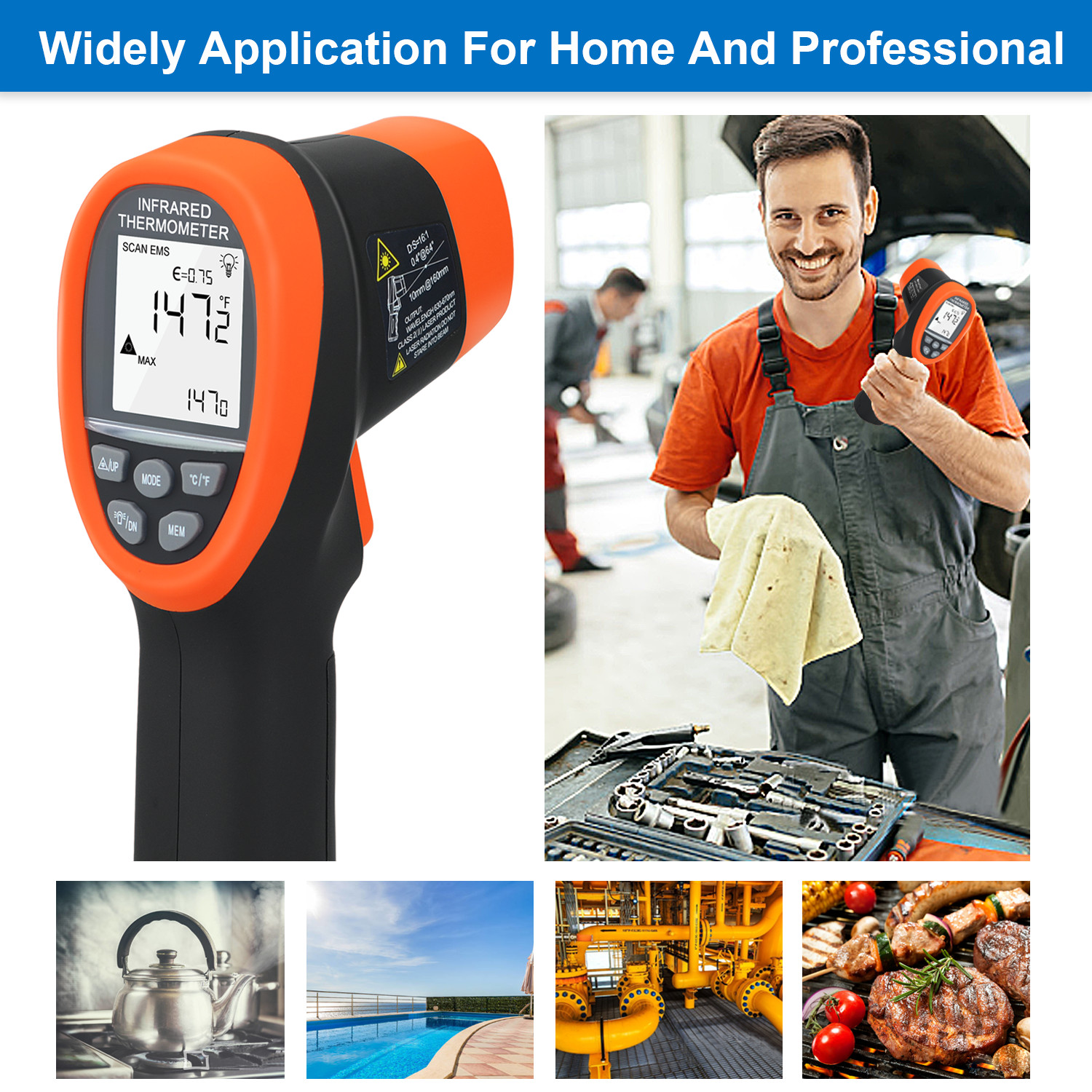 Laser IR Thermometer Non-Contact 16:1 Adjustable Emissivity MAX/MIN/AVG