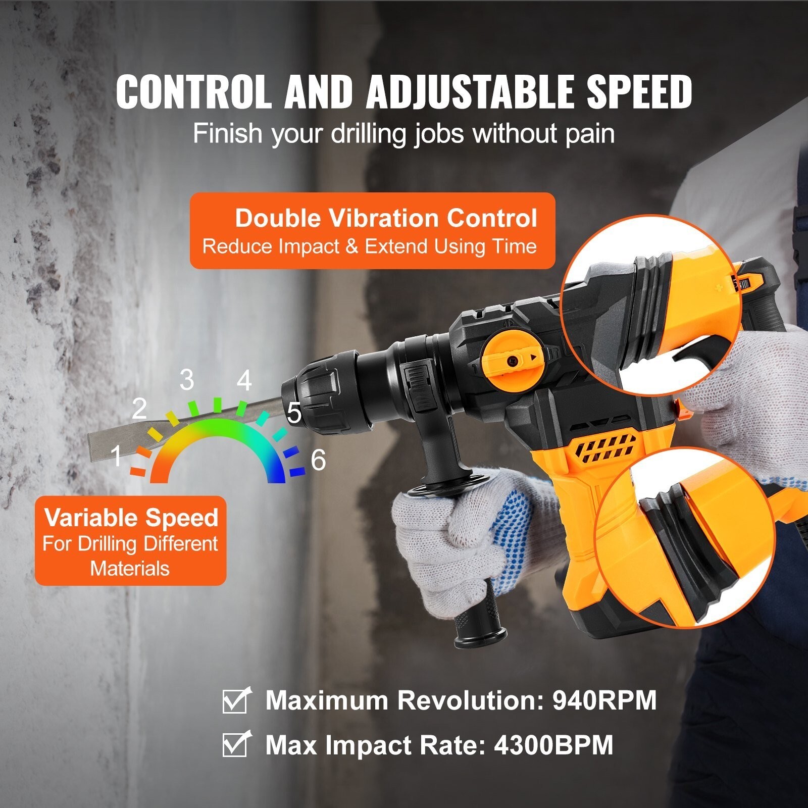 Rotary Hammer Drill Corded Drills 1-1/4″ 4 Modes SDS-Plus Chipping Hammers Tool
