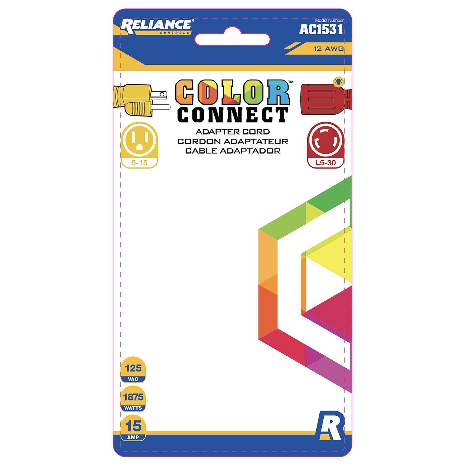 Reliance Controls AC1531 Black Rubber 125V 1875W Outdoor Adapter Cord 12 L in.