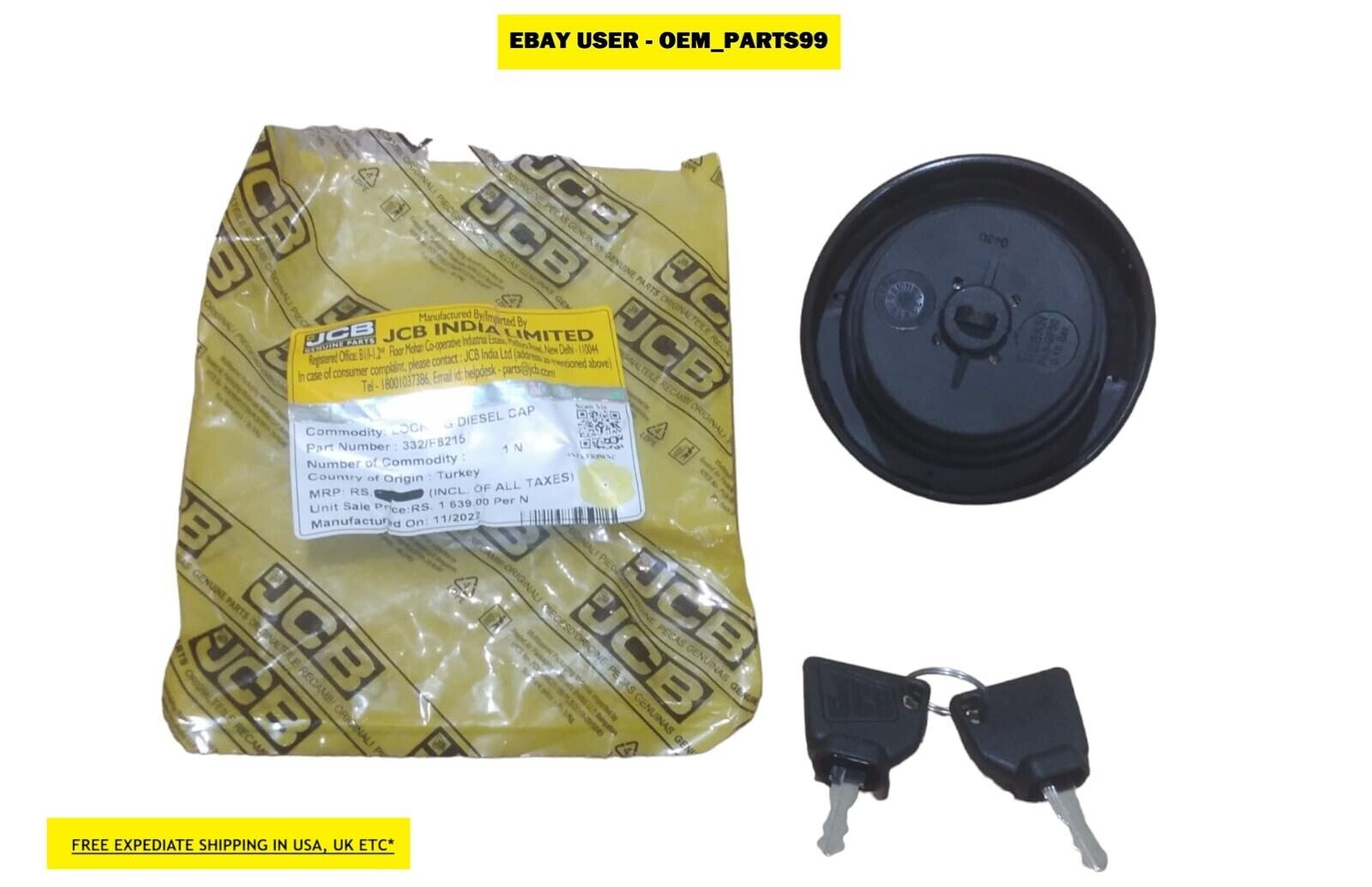 Genuine JCB Diesel Filler Cap W. 2 Keys (Part# 332/F4780 331/11403 701/45501)