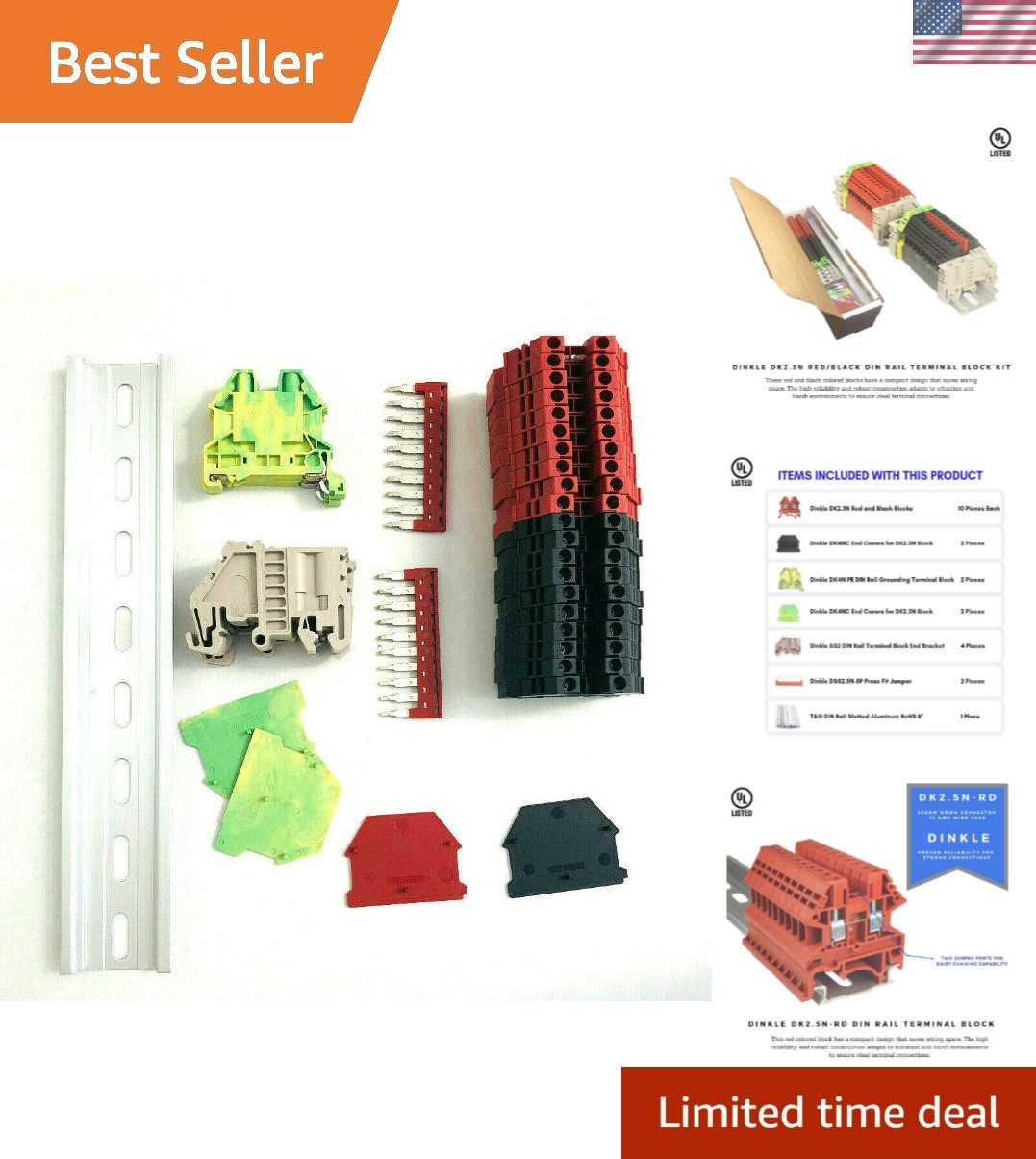 Listed DIN Rail Terminal Block Kit Red/Black 20 DK2.5N 12 AWG Gauge 20A 600V …