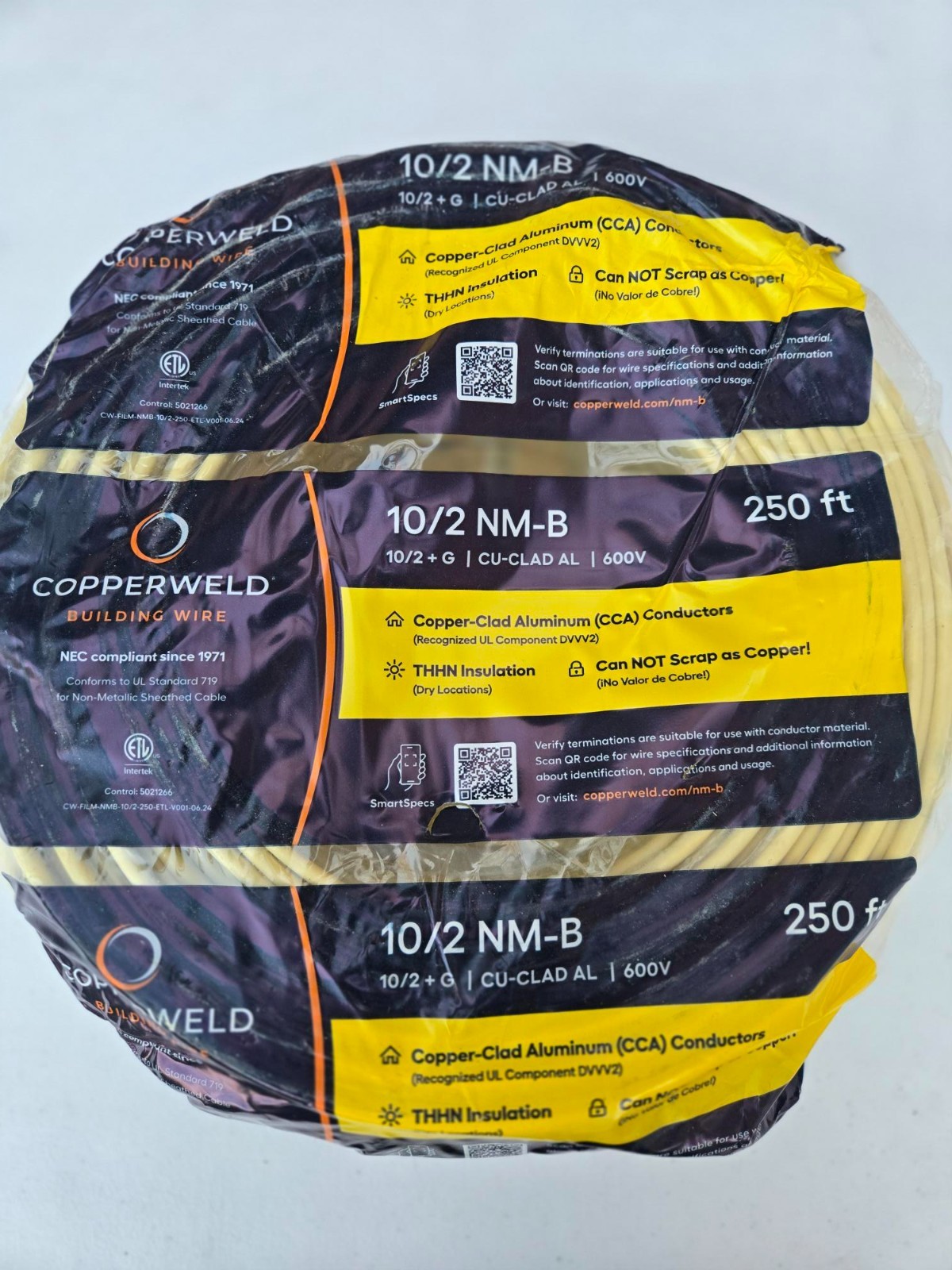 10/2 AWG 250ft with Ground Copper-Clad Alum. Electrical Wire NM-B