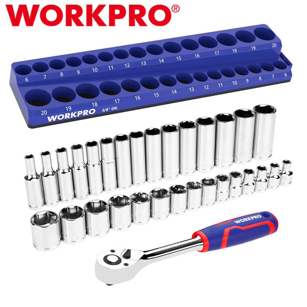 WORKPRO 32PC Mechanics Tool Kit 3/8″ Drive 30 Metric Deep Shallow Sockets 6-20mm
