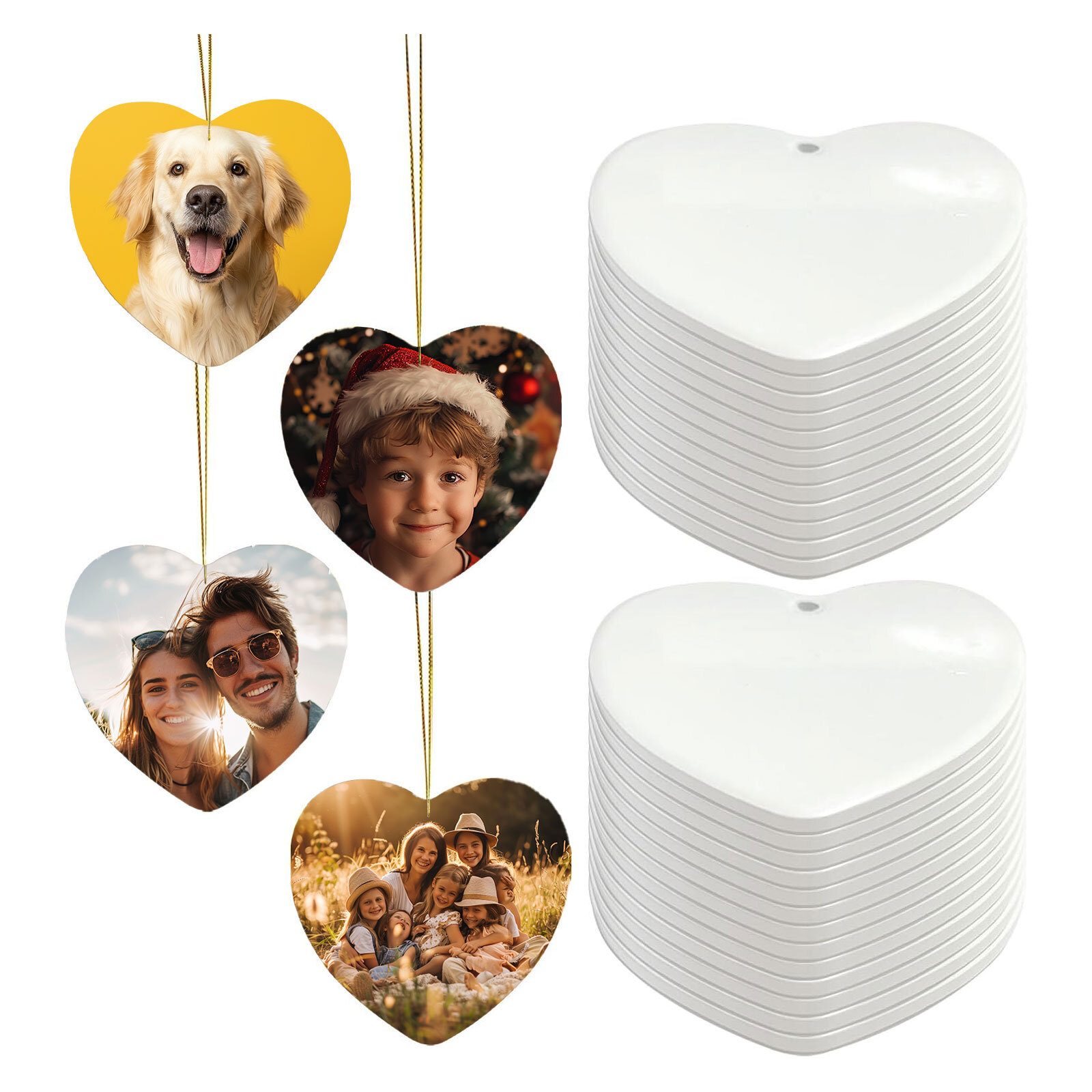 100PCS 3in Heart Sublimation Ceramic Ornament, Christmas Tree New Year Hanging