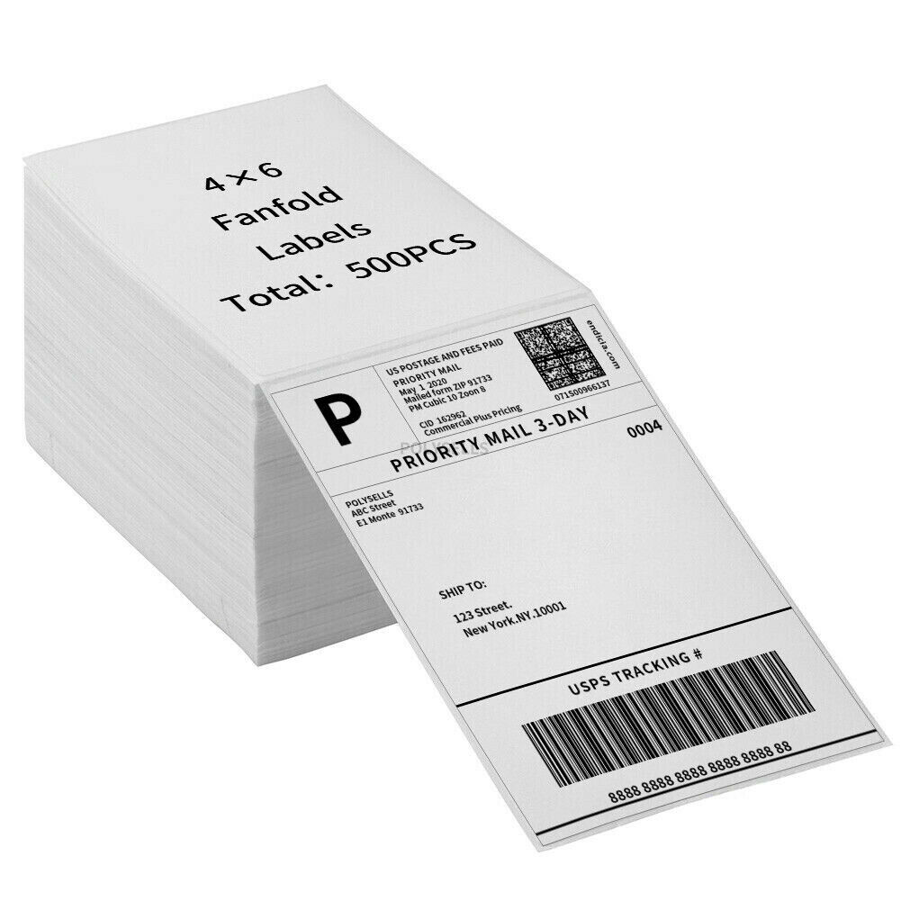 500 Fanfold 4×6” Direct Thermal Shipping Labels for Zebra and Rollo Printers