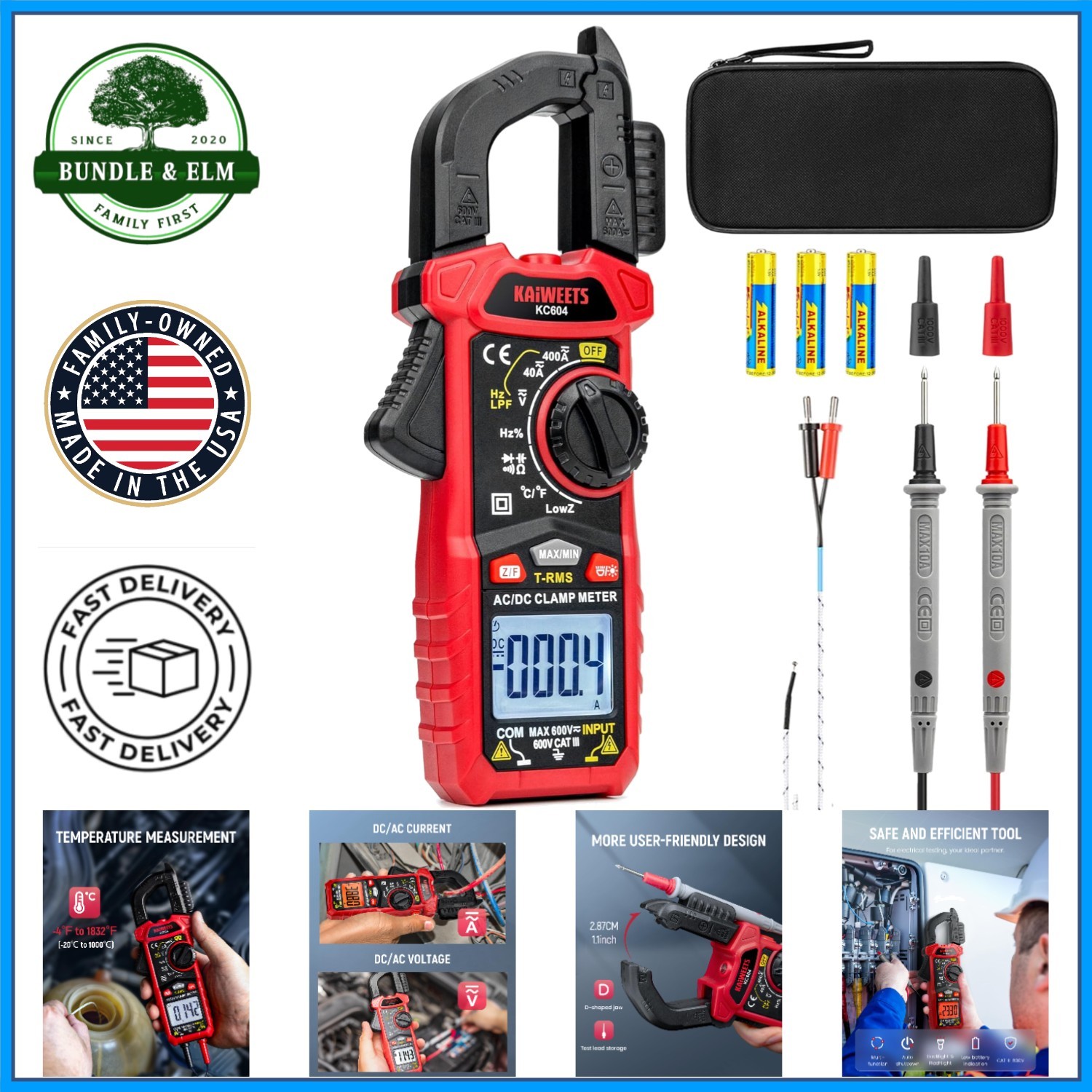 Battery Powered Clamp Meter for Voltage, Current, Temperature & NCV Detection