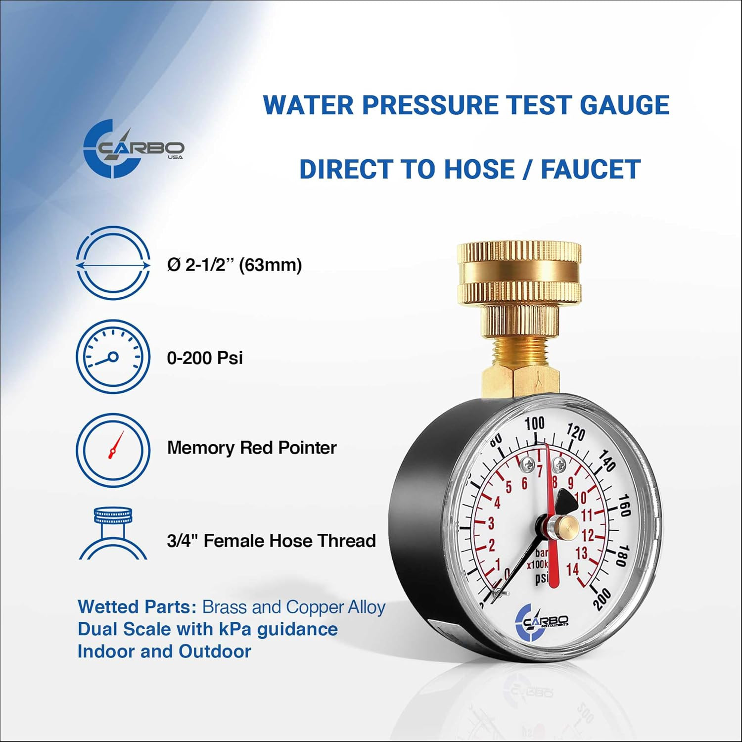 2-1/2″ Water Pressure Test Gauge, 0-200 PSI, Red Max Pointer, 3/4″ Female Hose