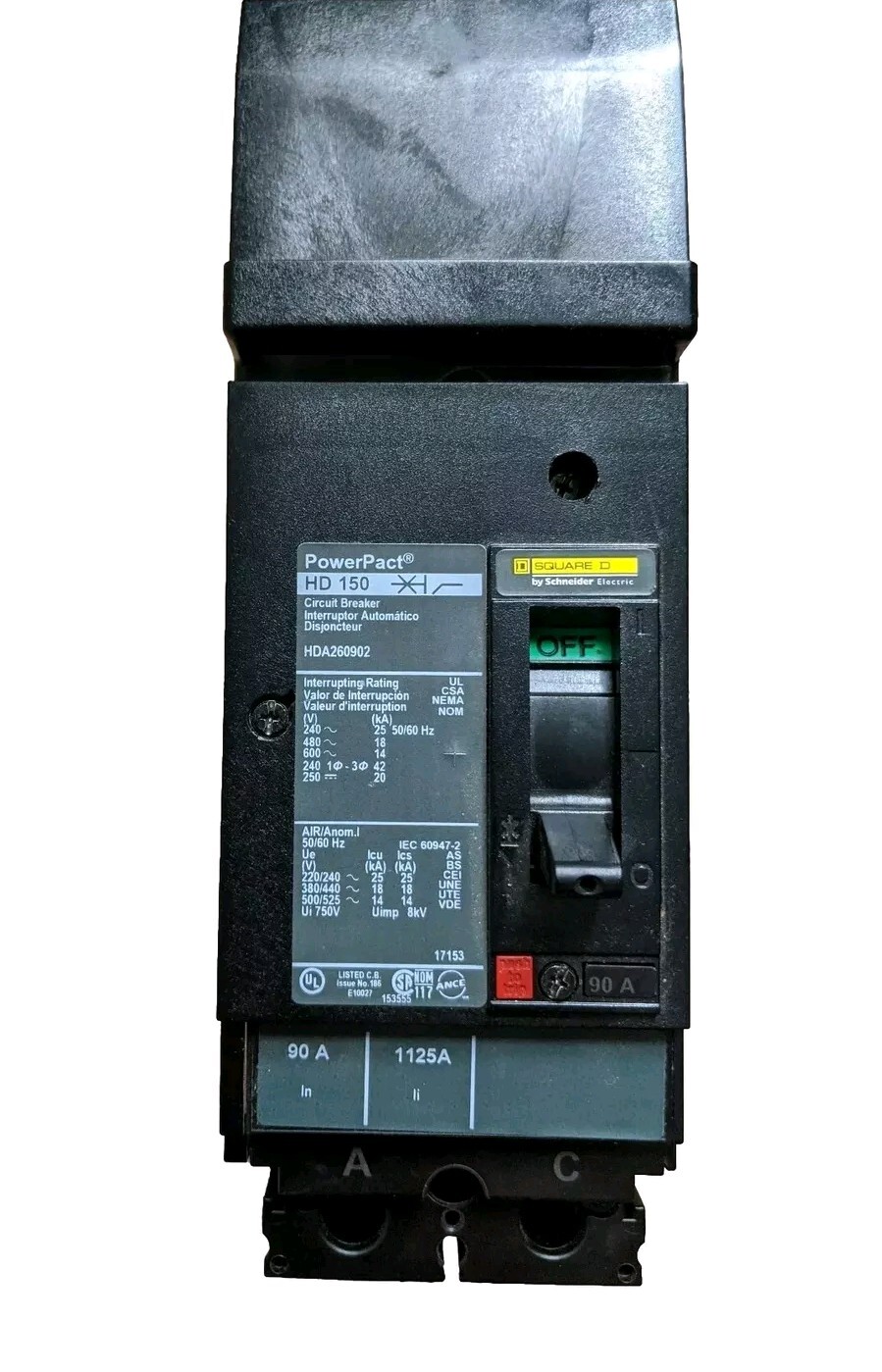 Square D PowerPact H , I Line, Shunt-Trip, 90A, 2 pole, 600V, HDA260902