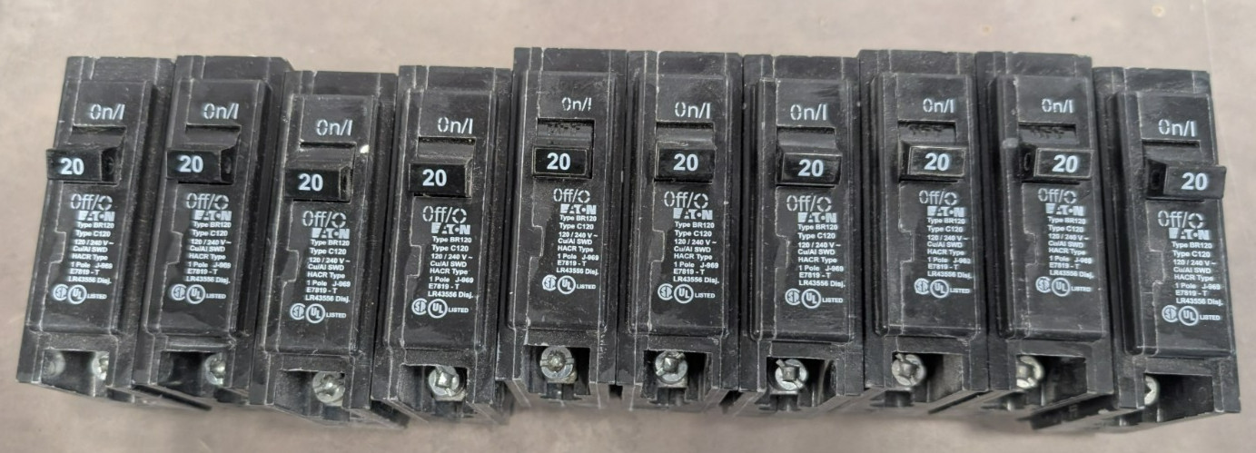Used EATON 1 pole 20 amp Circuit breaker BR120 Lot (10)
