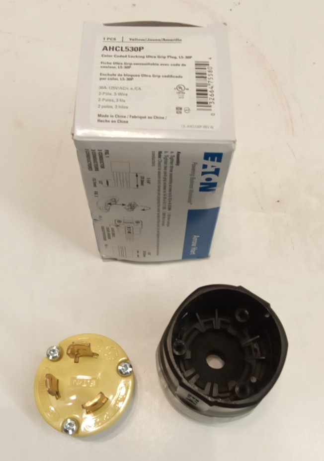 Eaton AHCL530P Color Coded Locking Ultra Grip Plug L5-30P 30A 125VAC 2Pole 3Wire