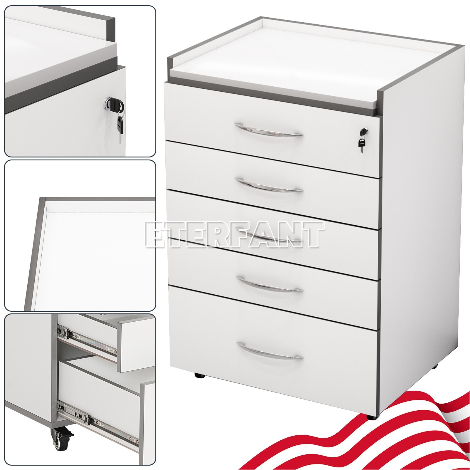 Dental Trolley Cart with Socket/Cart Acrylic Mobile Wooden Cabinet 5 Drawers US