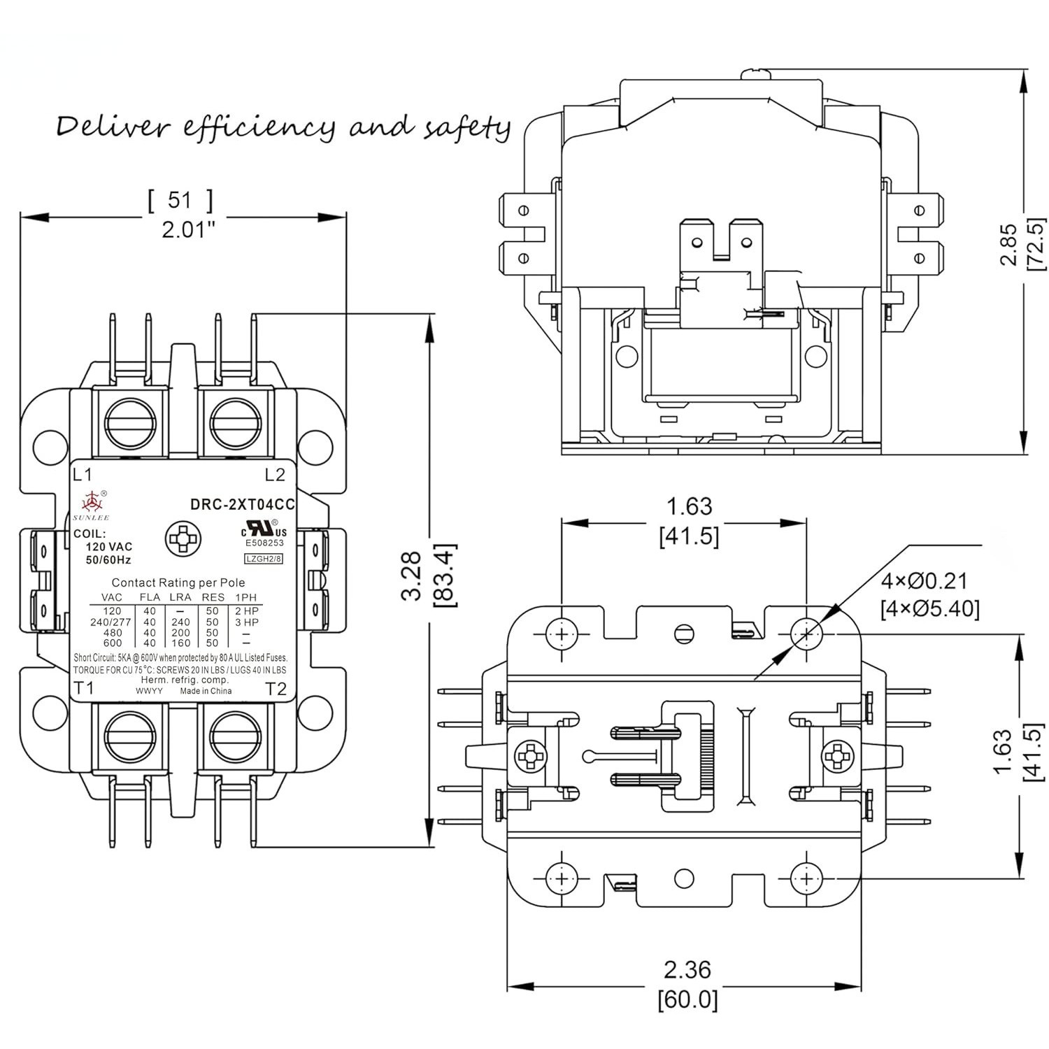 Contactor bipolar de 40 amperios, bobina de 120 V, homologado por UL. Contactor