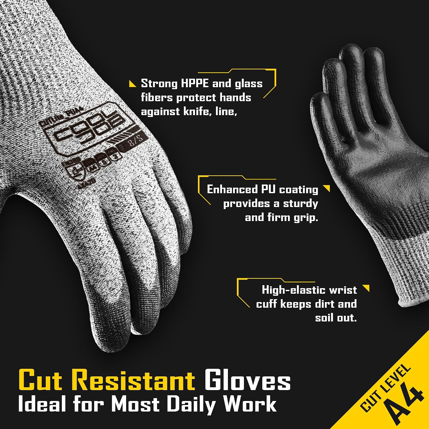 12/120 Pairs Cut Resistant Work Gloves PU Coating, ANSI A2 A4 A6 A9