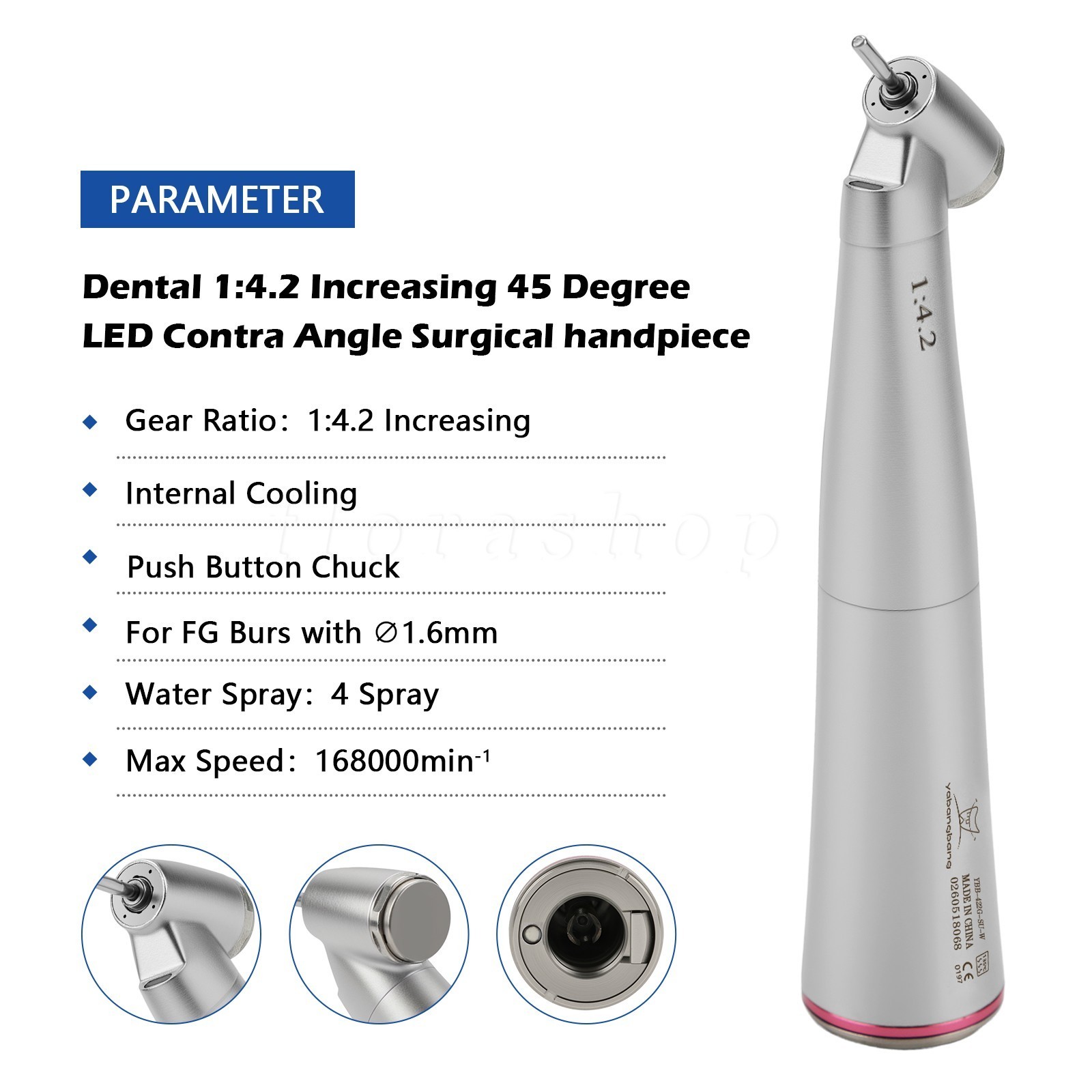 3* Yabangbang Dental 1:4.2 45° LED Handpiece Internal 4 Spray E-Type Connector