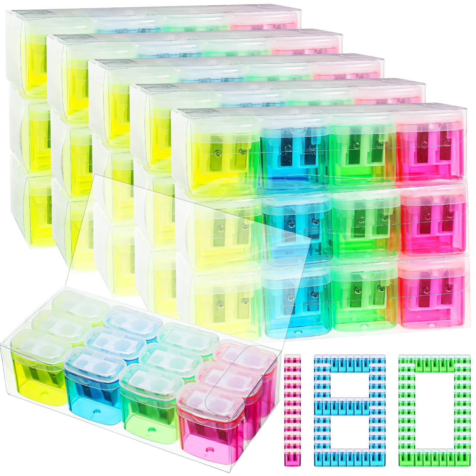 180 PCS Manual Pencil Sharpeners Bulk Handheld Dual Hole With Lid Colorful