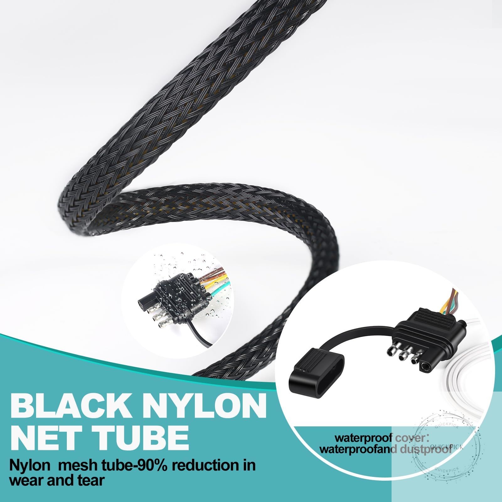 22FT 4 Pin 5 Wire Trailer Wiring Harness Protected by Nylon Net Tube Utility Pur